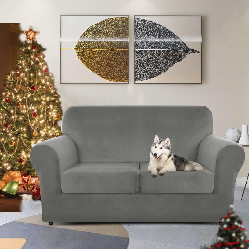 ZNSAYOTX Luxury Velvet Sofa Cover 3 Piece (57"-70") Stretch Loveseat Covers for 2 Cushion Couch Thick Soft Couch Slipcover with Non Slip Strap, Dog Pet Friendly Nice Furniture Protector (Grey) - Image 2